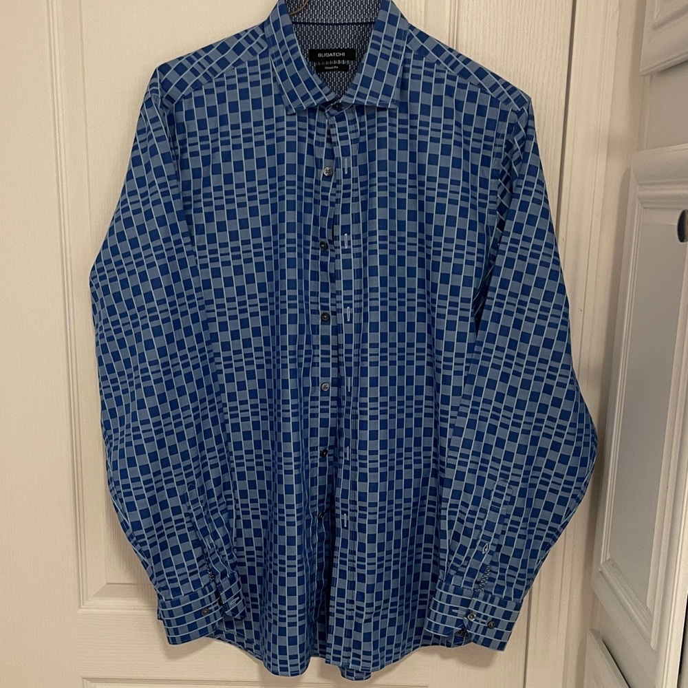Bugatchi Blue and White Plaid Shirt Mens Large Classic Fit Pre-owned